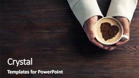  Presentation with cup coffee - Amazing PPT theme having heart shape bar - male hands holding cup backdrop and a  colored foreground