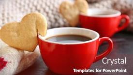  Presentation with cookie - Presentation theme having heart shape cookie on cup of coffee on wooden table closeup background and a crimson colored foreground