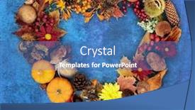 Presentation with fall food - Beautiful presentation design featuring heart shaped autumn and fall wreath with a variety of natural flora fauna and food on mottled blue background harvest festival theme backdrop and a teal colored foreground
