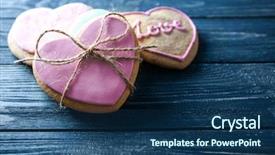  Presentation with cookies - Colorful PPT theme enhanced with heart shaped cookies on wooden background closeup backdrop and a ocean colored foreground