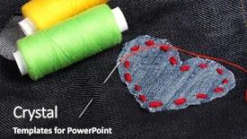  Presentation with needle heart - Slides enhanced with heart-shaped patch on jeans with threads and needle closeup background and a dark gray colored foreground