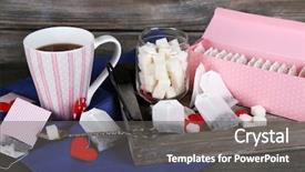  Presentation with heart shaped book page - Cool new PPT theme with heart shaped teabag tags box backdrop and a dark gray colored foreground