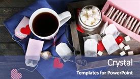  Presentation with afternoon tea - Amazing PPT theme having heart shaped teabag tags box backdrop and a ocean colored foreground