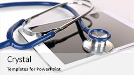  Presentation with tablets wood table tablet white - PPT theme enhanced with stetoscope - tablet and blue stethoscope isolated background and a light gray colored foreground