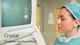  Presentation with surgery room - PPT theme featuring heart surgeryroom - smiling female surgeon standing next background and a mint green colored foreground