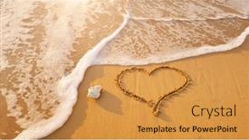  Presentation with romantic beach - Beautiful slide set featuring heart-symbol-on-sea-shore backdrop and a gold colored foreground