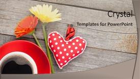  Presentation with cup coffee - Presentation theme enhanced with heart toy and gerbera flower background and a light gray colored foreground