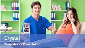  Presentation with pregnant woman in hospital - Presentation design enhanced with heart ultrasound - pregnant woman visiting male gynecologyst background and a  colored foreground