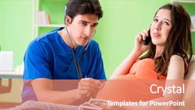  Presentation with medicine pregnant woman - Theme with heart ultrasound - pregnant woman visiting male gynecologyst background and a  colored foreground