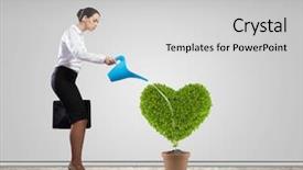  Presentation with young plant - Cool new slide deck with heart water - young attractive businesswoman watering plant backdrop and a light gray colored foreground