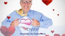  Presentation with scroll - Colorful presentation theme enhanced with heart with scroll against man with glasses is pulling his shirt with his hands backdrop and a sky blue colored foreground