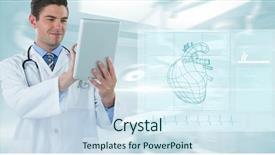  Presentation with using digital tablet - Theme featuring heartdiagram - digital composite of young doctor background and a sky blue colored foreground