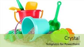  Presentation with white sand - Amazing PPT theme having kids hearts - children's toys on sand isolated backdrop and a yellow colored foreground