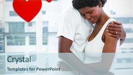  Presentation with pregnant - Colorful theme enhanced with hearts hanging on a line against pregnant couple cuddling at home backdrop and a sky blue colored foreground