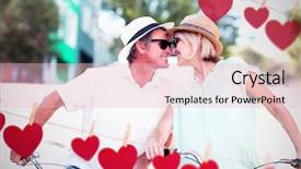  Presentation with couple kiss - Colorful slide deck enhanced with hearts hanging on a line against side view of couple about to kiss in city backdrop and a lemonade colored foreground