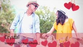 Presentation with bicycles - PPT theme having hearts hanging on a line against happy couple with bicycles background and a coral colored foreground