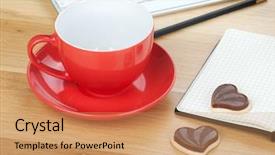 Presentation with pen laptop coffee cup clips - Slide deck having hearts notepaper - coffee cup cookies and office background and a coral colored foreground