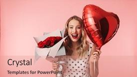  Presentation with pink roses - Amazing presentation design having hearts puzze - beautiful young blonde woman wearing backdrop and a coral colored foreground
