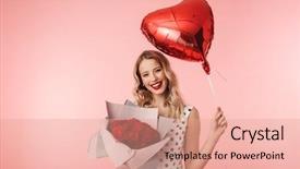  Presentation with pink roses - Presentation design with hearts puzze - beautiful young blonde woman wearing background and a coral colored foreground