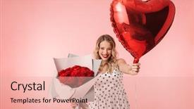  Presentation with heart and roses - Slide set having hearts puzze - beautiful young blonde woman wearing background and a coral colored foreground