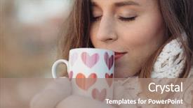  Presentation with tea coffee - Amazing slide deck having hearts puzze - winter woman holding a mug backdrop and a coral colored foreground