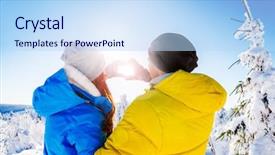  Presentation with wintersports - Slide deck consisting of hearts running together - wintersports couple catching the sun background and a sky blue colored foreground