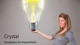  Presentation with light bulb - Slide set consisting of heat current - beautiful young lady holding realistic background and a  colored foreground