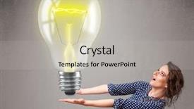  Presentation with light bulb - PPT layouts enhanced with heat current - beautiful young lady holding realistic background and a  colored foreground