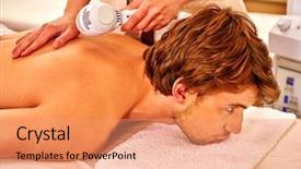  Presentation with beauty salon men - Cool new PPT theme with heat current - man receiving electroporation back therapy backdrop and a coral colored foreground
