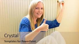  Presentation with black copper radiator of engine - PPT theme consisting of heat energy - young woman sits in front background and a coral colored foreground