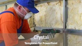  Presentation with mineral - Slides with heat insulation - construction worker thermally insulating house background and a gray colored foreground