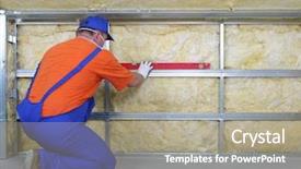  Presentation with mineral - PPT layouts featuring heat insulation - construction worker thermally insulating house background and a mint green colored foreground