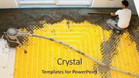  Presentation with concrete pouring during commercial concreting - PPT theme consisting of heat pipe - plasterer at indoor concrete cement background and a yellow colored foreground