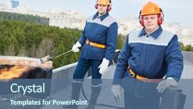  Presentation with bitumen - Colorful presentation enhanced with heat recovery - flat roof workers with bitumen backdrop and a ocean colored foreground