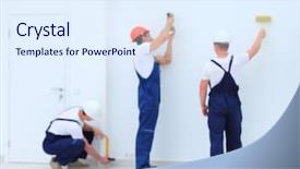  Presentation with meet the work team - PPT theme featuring heat recovery - team of builders finishers work background and a sky blue colored foreground