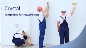  Presentation with team building compass - Slide deck featuring heat recovery - team of builders finishers work background and a sky blue colored foreground