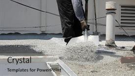  Presentation with flat roof - Slides enhanced with heat recovery - unidentifiable workers use hot tar background and a light gray colored foreground