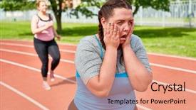  Presentation with tired - Amazing slide deck having heat stroke - very tired plump woman touching backdrop and a coral colored foreground