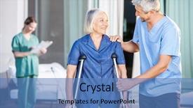  Presentation with helping - PPT theme having heath - happy male caretaker helping senior background and a teal colored foreground