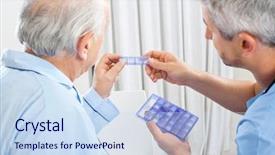  Presentation with prescription - Slide set having heath - male caretaker showing prescription medicine background and a sky blue colored foreground