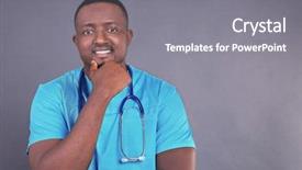  Presentation with doctor stetoscope and dark - Beautiful PPT layouts featuring heath worker - professional african doctor on dark backdrop and a  colored foreground