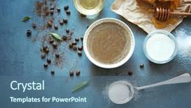  Presentation with ingredients brown sugar coffee beans - Theme having heathcare - natural scrub of sugar honey background and a ocean colored foreground