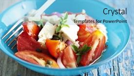  Presentation with olive oil - Slide set with heathy - tomato onion feta salad sprinkled background and a light blue colored foreground