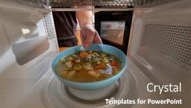  Presentation with soup - Beautiful PPT theme featuring heating-food-in-a-microwave backdrop and a tawny brown colored foreground