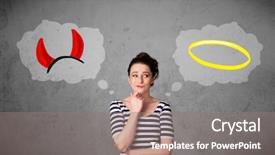  Presentation with good bad choice - Slide deck enhanced with heaven hell - young woman choosing background and a gray colored foreground