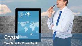  Presentation with town hall sky scrappers - Beautiful PPT theme featuring heaven shining earth - thinking businessman biting glasses backdrop and a  colored foreground