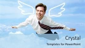  Presentation with flying angels - Beautiful slides featuring heavenly angels - conceptual image of contented businessman backdrop and a light blue colored foreground