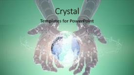  Presentation with robotic - Slide set consisting of heavy data - composite image of robotic hands background and a seafoam green colored foreground