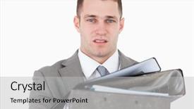  Presentation with white pigeon against the blue - Theme having heavy data - overwhelmed young businessman background and a light gray colored foreground