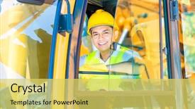  Presentation with mining equipment - Slides enhanced with heavy equipment - asian driver sitting in cockpit background and a yellow colored foreground